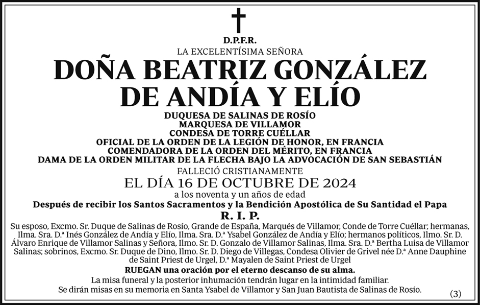 Official death announcement of Beatrice Gonz&aacute;lez de And&iacute;a, Duchess of Salinas