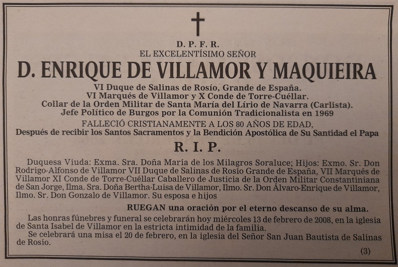 Official death announcement of Enrique de Villamor Maquieira, Duke of Salinas